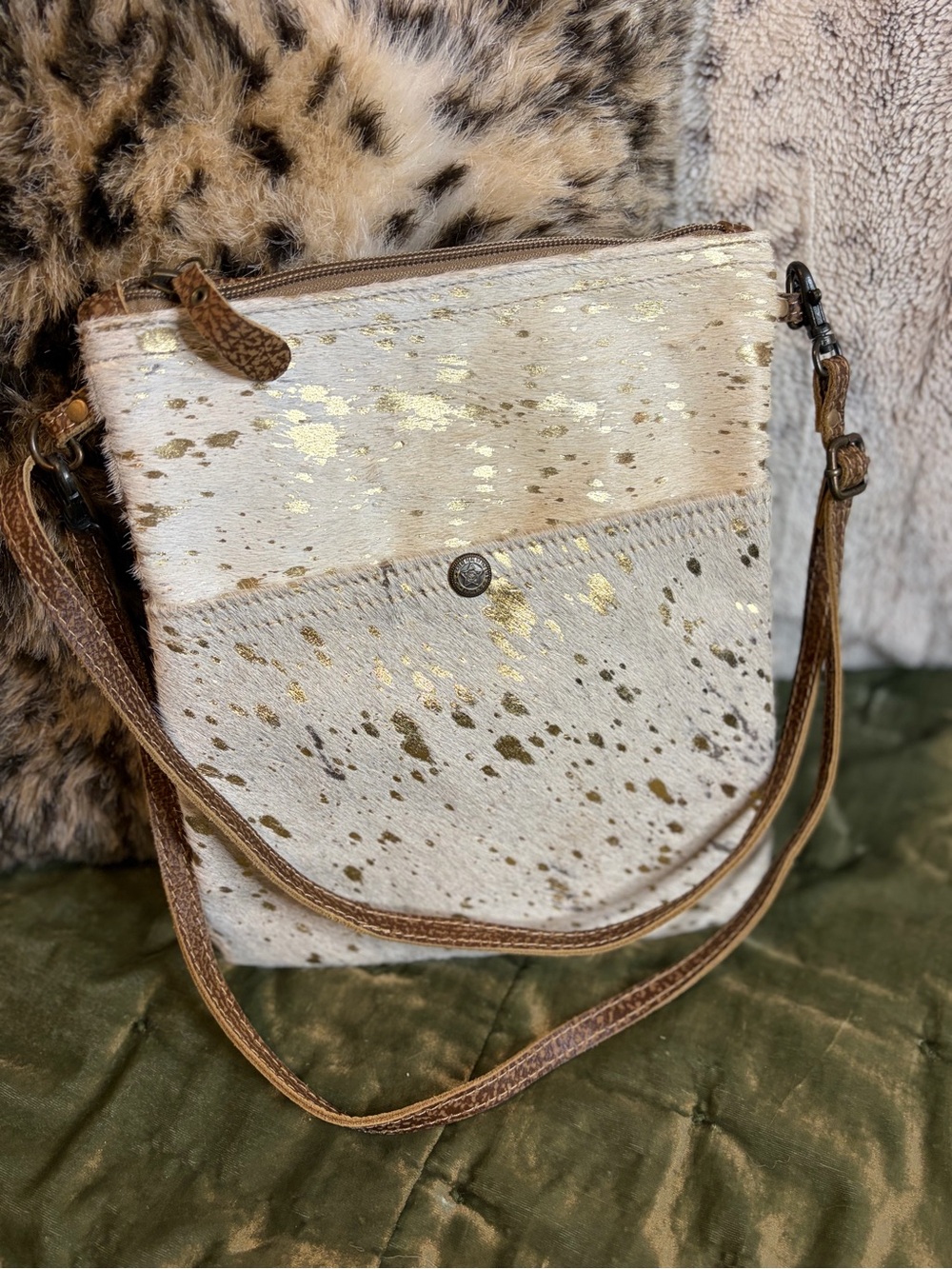 Myra Bag Cream and Brown Gold-Speckled Crossbody #1383